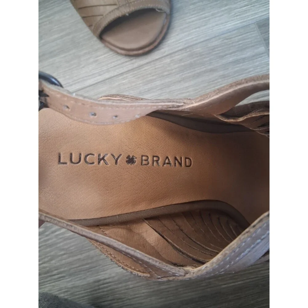 Lucky Brand Brown Leather Boho Peep Toe Slingback Block Heel Sandal women Sz 8.5